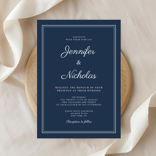 Elegant Modern Navy Blue Script Wedding Kaart
