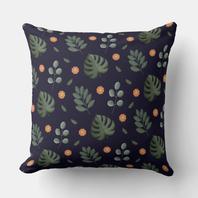 Elegant Modern Navy Botanical Leaf Floral Kussen (Voorkant)