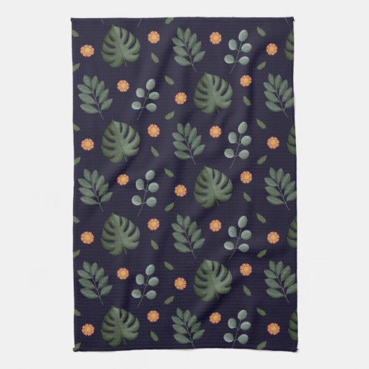 Elegant Modern Navy Botanisch Blad Bloem Theedoek (Verticaal)