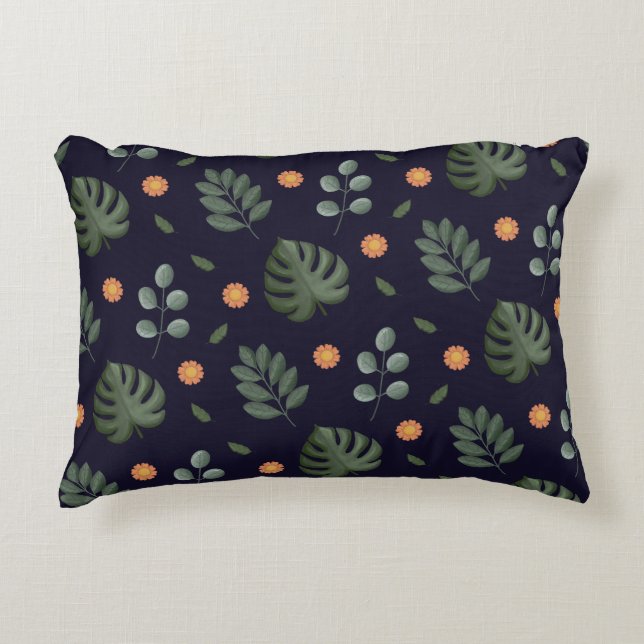 Elegant Modern Navy Botanisch Blad Bloemmotief Accent Kussen (Voorkant)