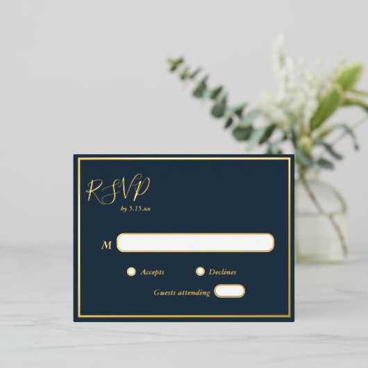Elegant modern Navy Gold Foil RSVP Briefkaart (Staand Voorkant)