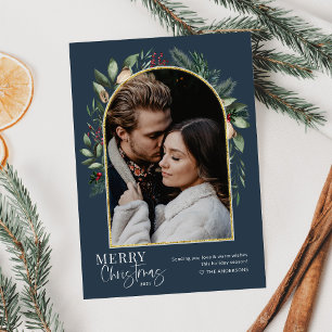Elegant Modern Navy Gold Greenery Arch Foto Feestdagenkaart