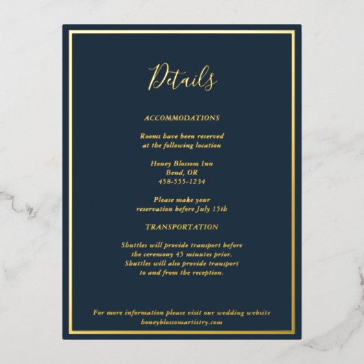 Elegant Modern Navy Gold — Kaart met details (Voorkant)