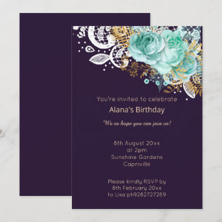 ELEGANT MODERN NAVY LACE AQUA BOUQUET KAART