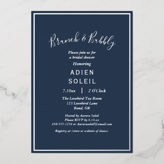Elegant Modern Navy Silver Brunch en Bubble Folie Uitnodiging (Voorkant)