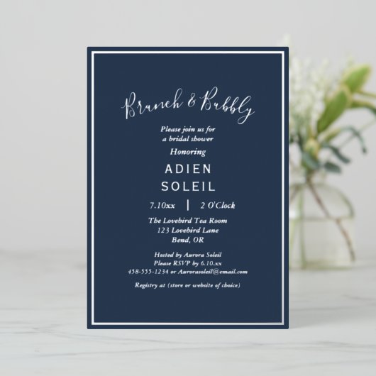 Elegant Modern Navy Silver Brunch en Bubble Folie Uitnodiging (Staand Voorkant)