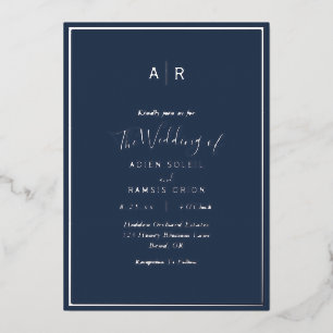Elegant Modern Navy Silver Monogram Weddenschap Folie Uitnodiging