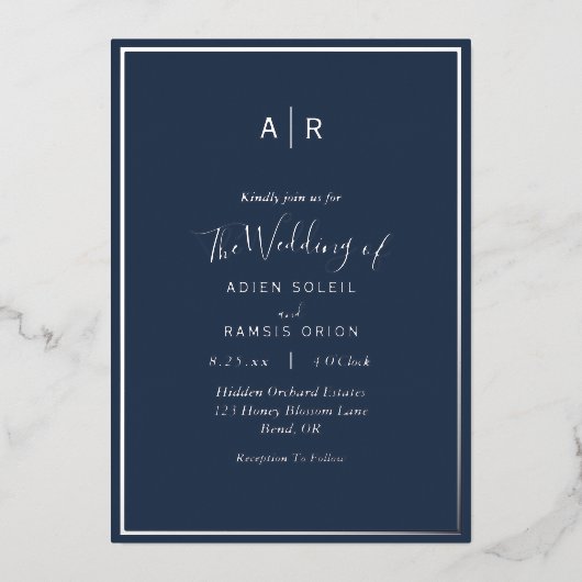 Elegant Modern Navy Silver Monogram Weddenschap Folie Uitnodiging (Voorkant)