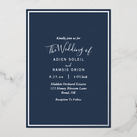 Elegant Modern Navy Silver Wedding Folie Uitnodiging (Voorkant)