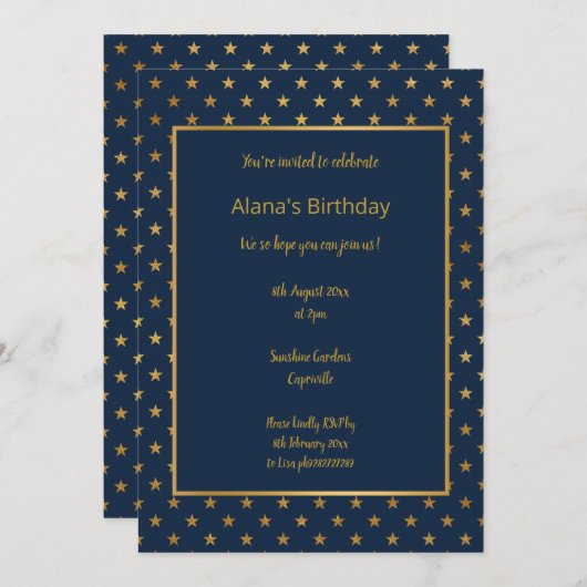ELEGANT MODERN NAVY STAR GOLD INVITATION KAART (Voorkant / Achterkant)