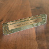Elegant modern olijfgroen marmer geborsteld goud naambordje (Zijkant)