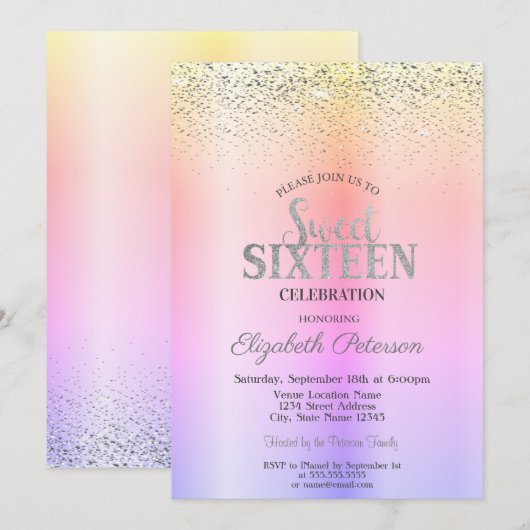 Elegant Modern Ombre, Confetti Sweet 16 Kaart (Voorkant / Achterkant)