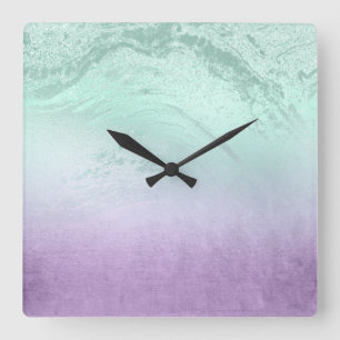 Elegant modern ombre paars & mint glitter marmer vierkante klok