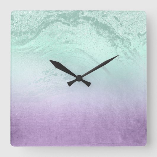 Elegant modern ombre paars & mint glitter marmer vierkante klok (Voorkant)