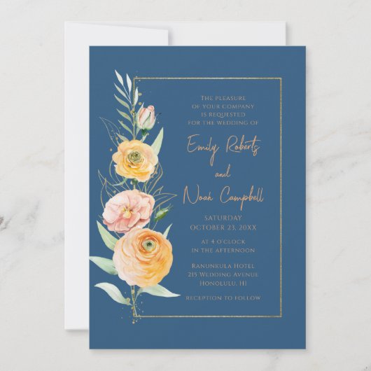 Elegant Modern Oranje Blauw Waterverf Bloemen Kaart (Voorkant)