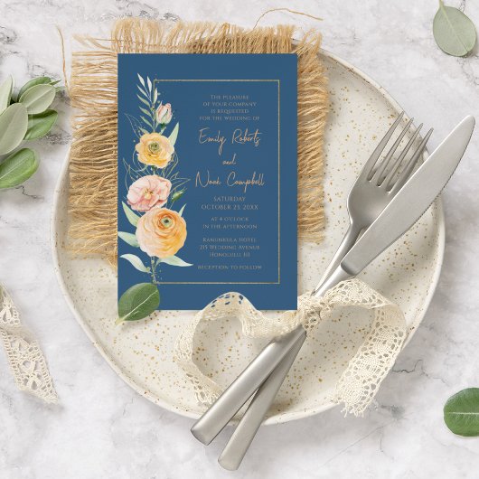 Elegant Modern Oranje Blauw Waterverf Bloemen Kaart