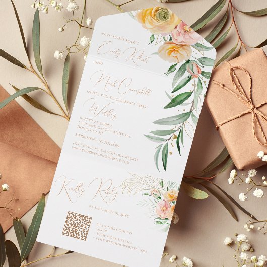 Elegant Modern Oranje geel Waterverf Bloemen All In One Uitnodiging