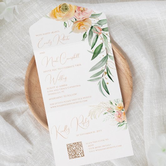 Elegant Modern Oranje geel Waterverf Bloemen All In One Uitnodiging