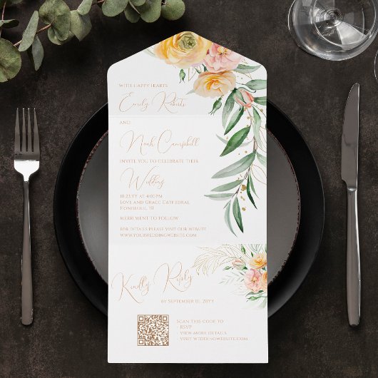 Elegant Modern Oranje geel Waterverf Bloemen All In One Uitnodiging