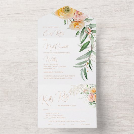 Elegant Modern Oranje geel Waterverf Bloemen All In One Uitnodiging (Binnen)