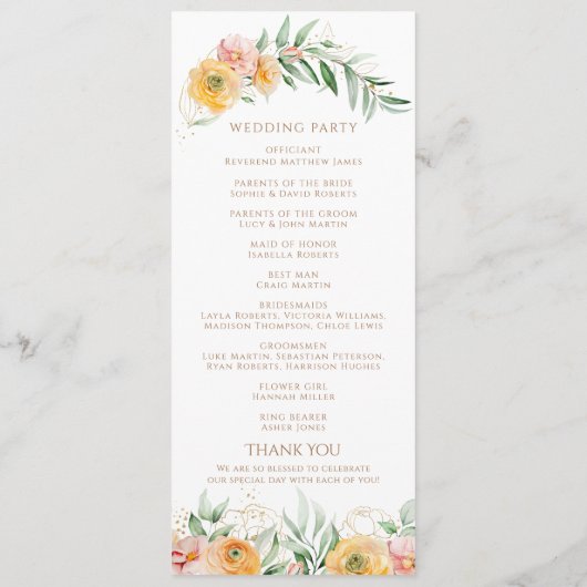 Elegant Modern Oranje geel Waterverf Bloemen Programmakaart (Achterkant)