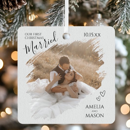 Elegant Modern Our First Christmas Married Photo  Metalen Ornament