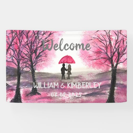 Elegant modern paar roze Floral Rustic Wedding Spandoek (Horizontaal)