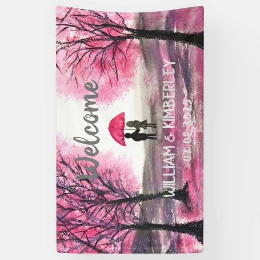 Elegant modern paar roze Floral Rustic Wedding Spandoek (Verticaal)