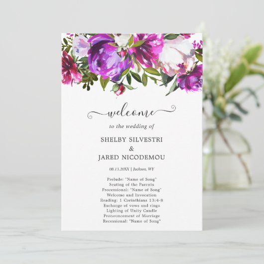 Elegant Modern Paars Floral Wedding Programmakaart (Staand voorkant)