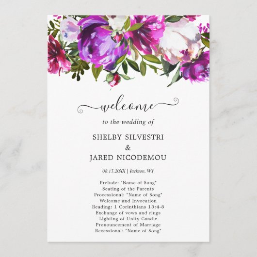 Elegant Modern Paars Floral Wedding Programmakaart (Voorkant)