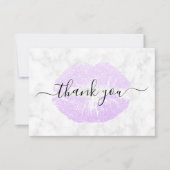 Elegant modern paars glitter lipt witte marmer bedankkaart (Voorkant)