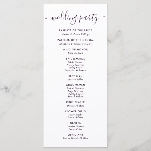 Elegant Modern Paars Huwelijksprogramma Programmakaart (Achterkant)