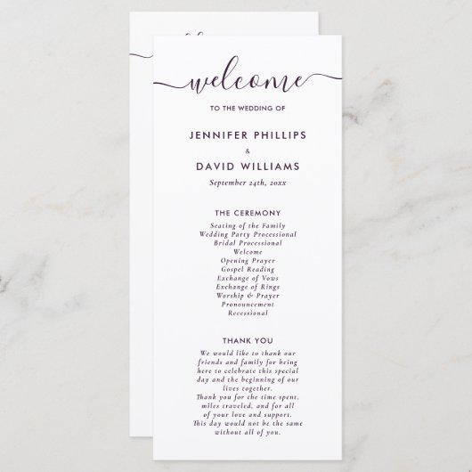 Elegant Modern Paars Huwelijksprogramma Programmakaart (Voorkant / Achterkant)