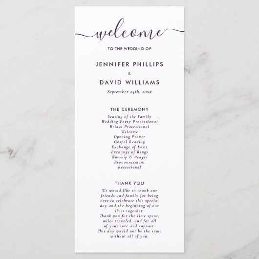 Elegant Modern Paars Huwelijksprogramma Programmakaart (Voorkant)