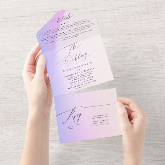 Elegant Modern Paars Ombre Tie Dye Wedding All In One Uitnodiging (Afscheurbaar)