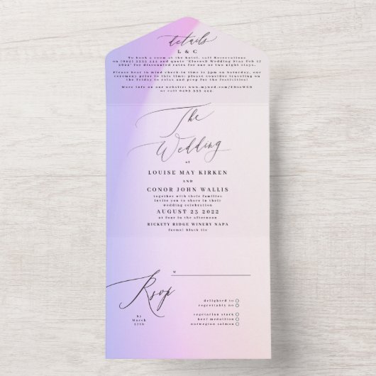Elegant Modern Paars Ombre Tie Dye Wedding All In One Uitnodiging (Binnen)