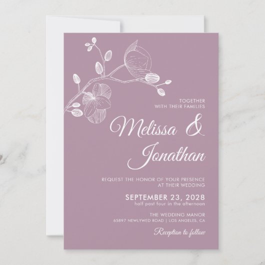 Elegant modern paars orchideeën bruiloft kaart (Voorkant)