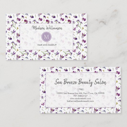 Elegant Modern Paarse Bloemen Botanisch Monogram Visitekaartje (Voorkant / Achterkant)