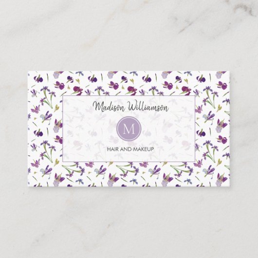 Elegant Modern Paarse Bloemen Botanisch Monogram Visitekaartje (Voorkant)