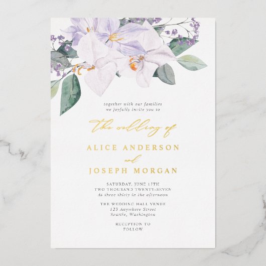 Elegant Modern Paarse Waterverf Orchideeën Weddens Folie Uitnodiging (Voorkant)