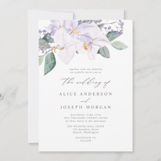 Elegant Modern Paarse Waterverf Orchids Weddenscha Kaart (Voorkant)