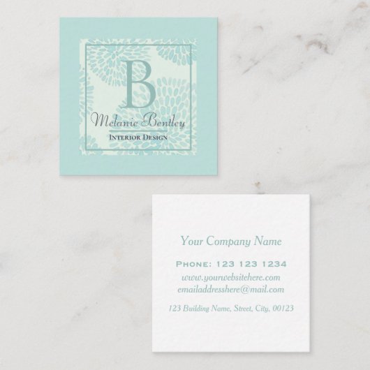 Elegant modern pastel Blue Floral Monogram Vierkante Visitekaartje (Voorkant / Achterkant)