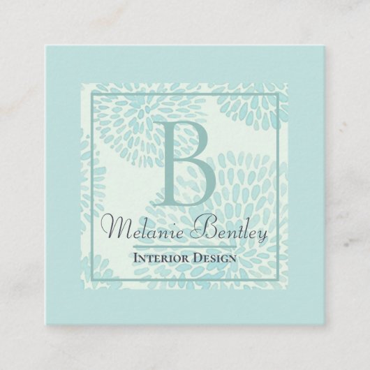 Elegant modern pastel Blue Floral Monogram Vierkante Visitekaartje (Voorkant)