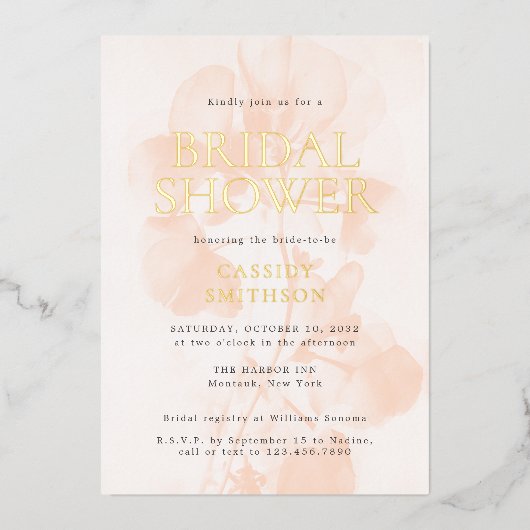 Elegant Modern Peach Pastel Vrijgezellenfeest Gold Folie Uitnodiging (Voorkant)