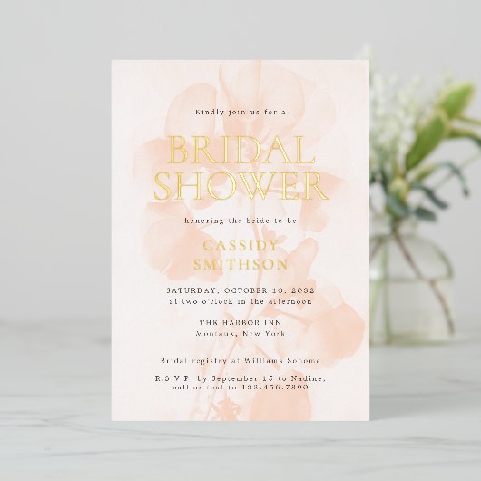 Elegant Modern Peach Pastel Vrijgezellenfeest Gold Folie Uitnodiging (Staand Voorkant)