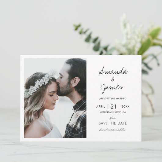Elegant Modern Photo Black Script Wedding Save The Date (Staand voorkant)