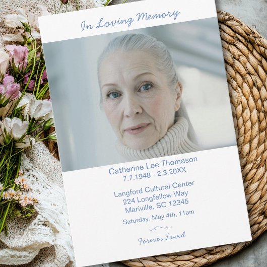Elegant Modern Photo Dusty Blue Funeral Kaart