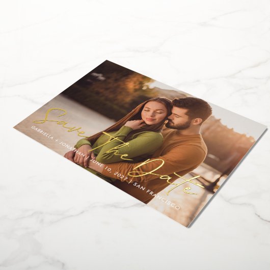 Elegant Modern Photo Save the Date Gold Folie Uitnodiging (Gedraaid)
