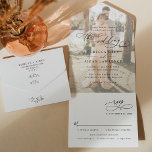Elegant Modern Photo Wedding All In One Uitnodiging<br><div class="desc">This elegant All-In-One Wedding Invitation features a sweeping script calligraphy text paired with a classy serif & modern sans font in black,  with a photo overlay on the front and a customizable monogram on the back. Matching items available.</div>