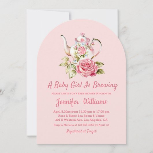 Elegant Modern Pink Arch Tea Party baby shower Kaart (Voorkant)